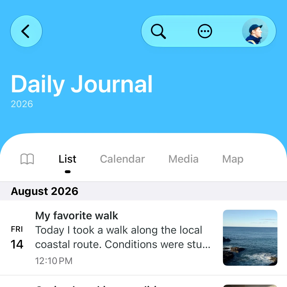 Day One journal list showing a walking entry with a coastal photograph