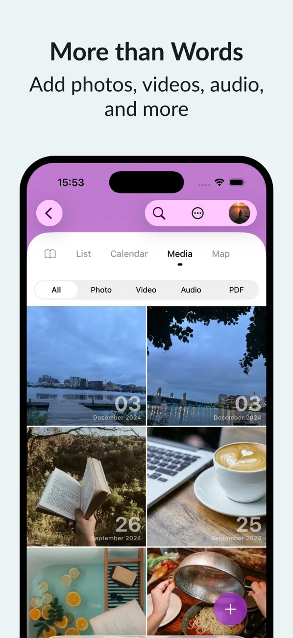 Day One’s published Media view with photo thumbnails and Photo, Video, Audio and PDF filters