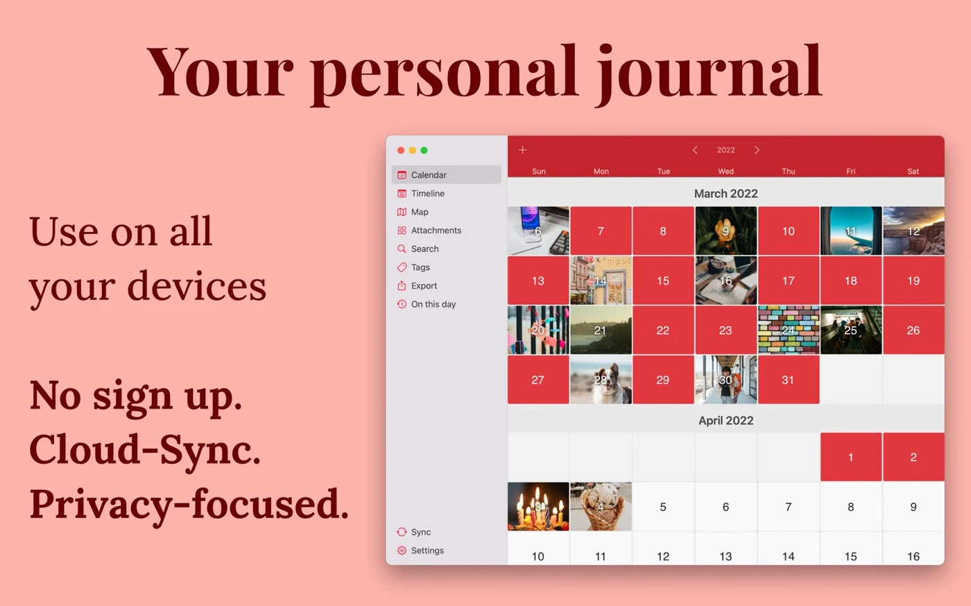 Diarium's Mac store image showing a calendar of journal entries and its navigation sidebar