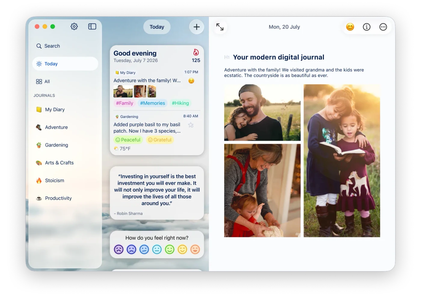 Diarly's publisher screenshot showing its Mac sidebar, entry list and writing area