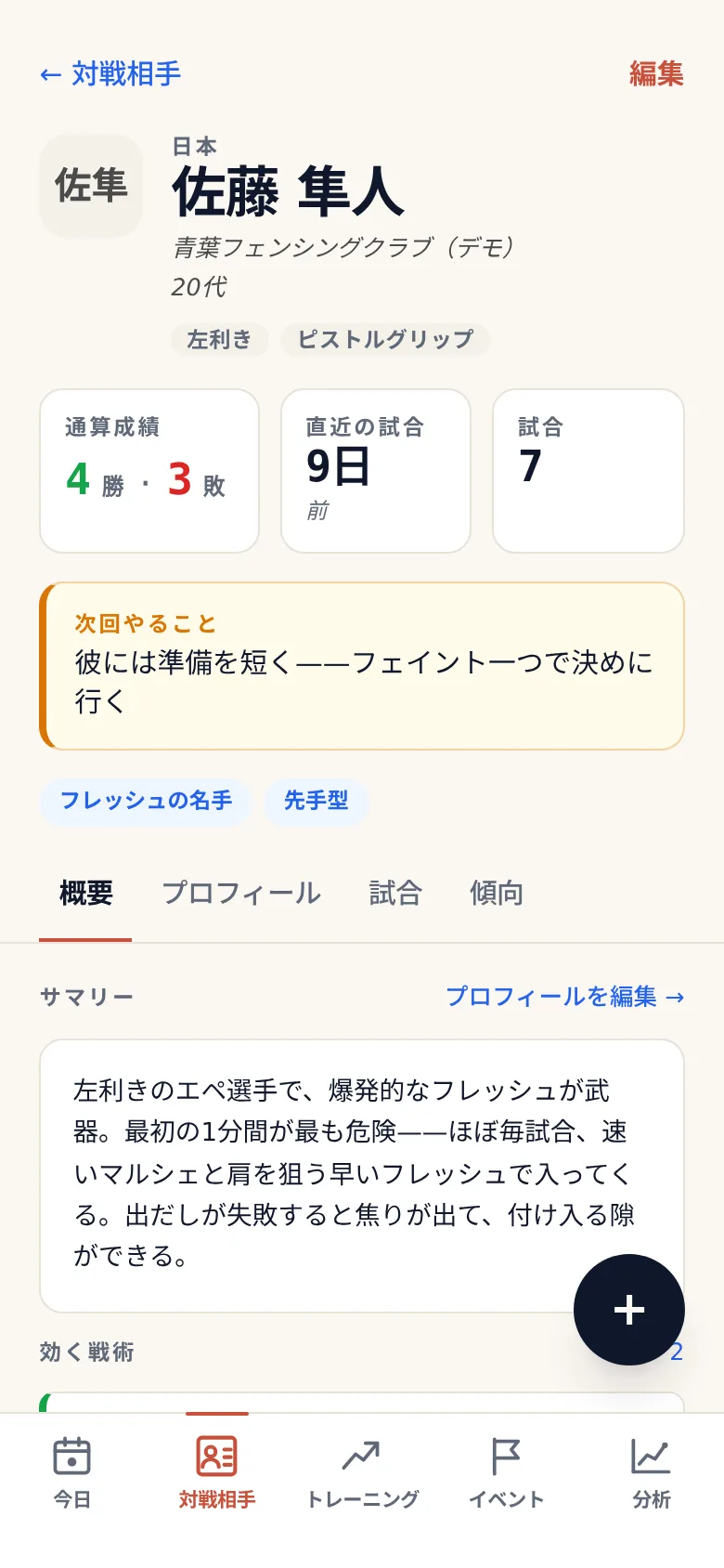 OpponentBookの対戦相手ページ。所属クラブと年代、利き手やグリップのタグ、通算の対戦成績、「次はこうする」という短い覚え書き、そして相手の戦い方をまとめた文章が並ぶ
