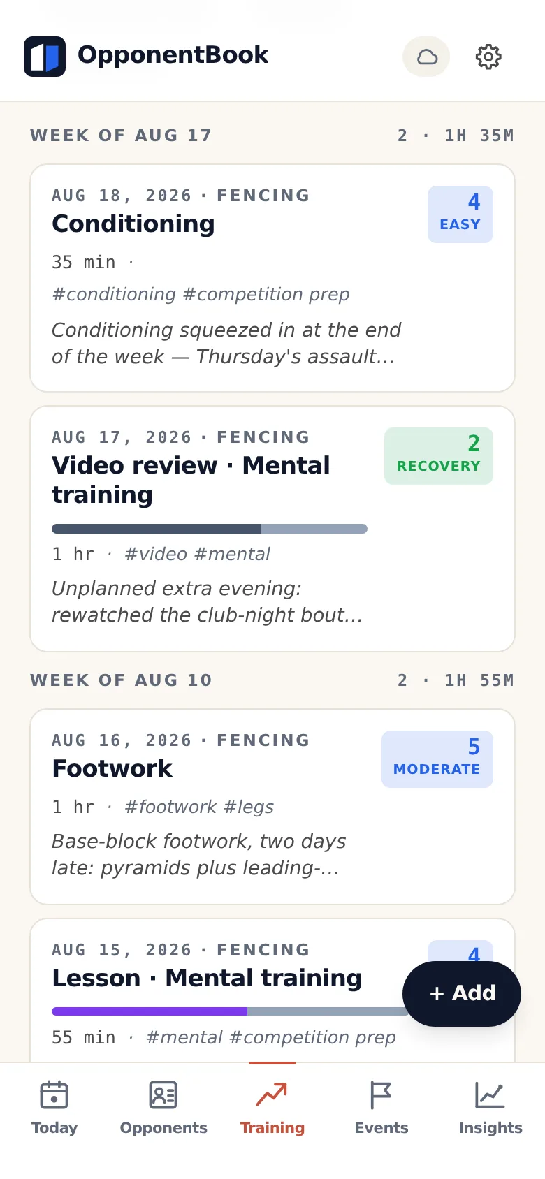 The training journal grouped by week, each session showing sport, duration, an effort rating such as Easy or Moderate, tags and a note